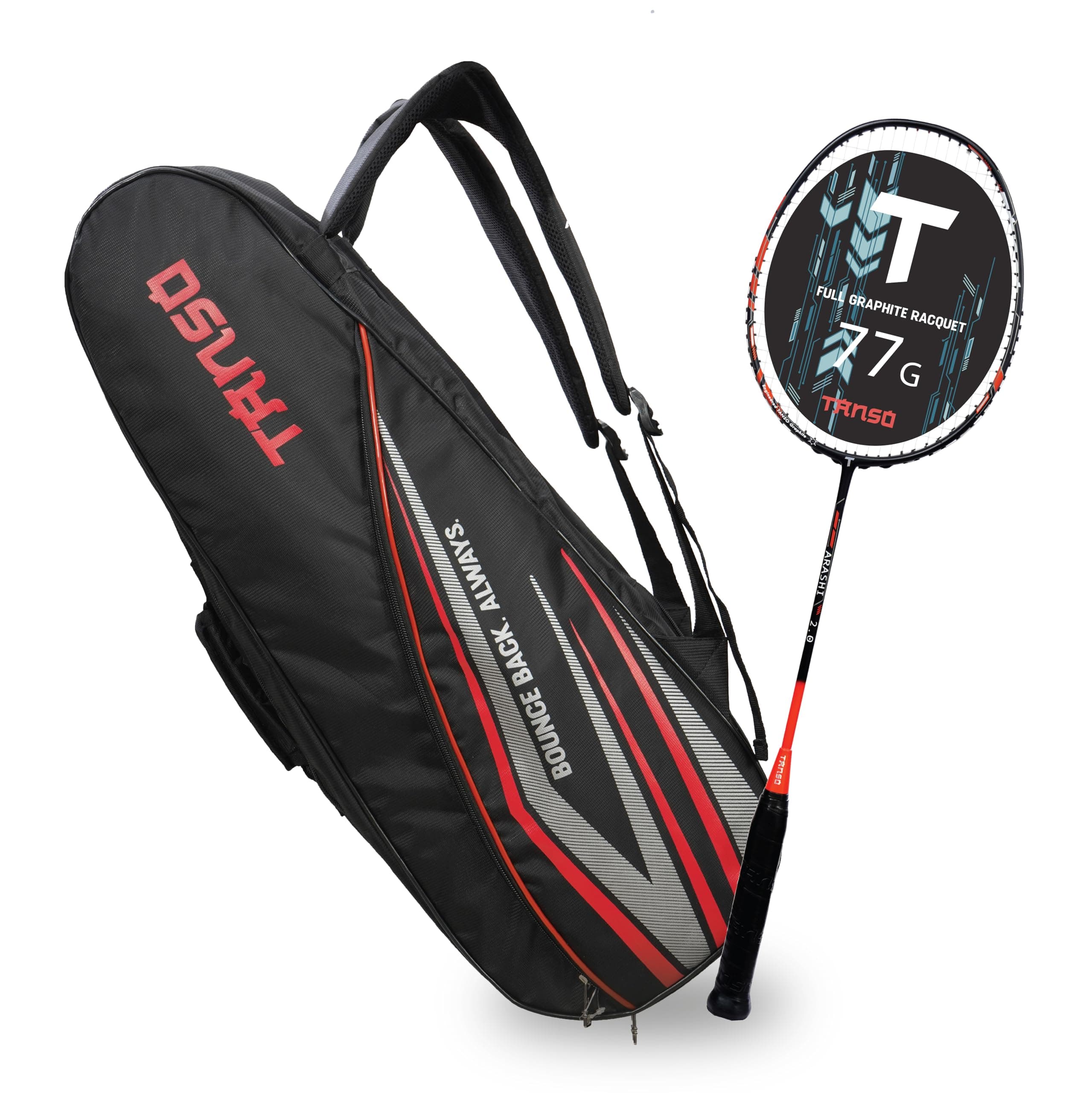 TANSO Arashi 2.0 Full Graphite Ultra Light Weight Carbon Fibre Strung Badminton Racket with T-Blast Badminton Kit Bag (32 Lbs Tension,77 Grams, Strung with Premium Strings)