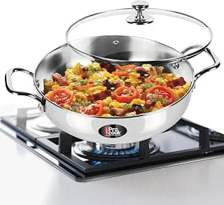 Milton Pro Cook Stainless Steel Kadhai with Glass Lid, 28 cm / 4.2 litres, Sandwich Bottom Cookware, Induction and Gas Stove Friendly Kadai for Cooking, Deep Frying, Stir-Fry, Silver