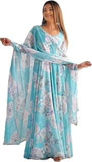 SAMRAGNI Women’s Floral Print Anarkali Gown Set | Fox Georgette 7 Meter Flared Gown with Dupatta | Festive
