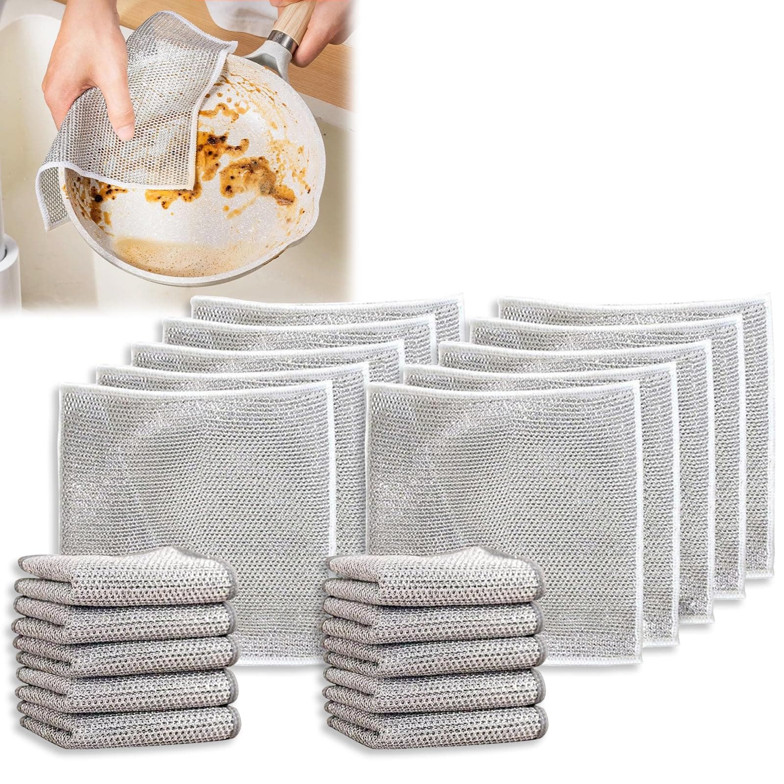 10 Pack Multifunctional Non-Scratch Wire Dishcloth, Silver Wire Mesh Knit Cleaning Cloth, Wire Dishwashing Rags, washing for Dishes, Sinks, Counters, Stove Tops, Easy Rinsing, Machine Washable