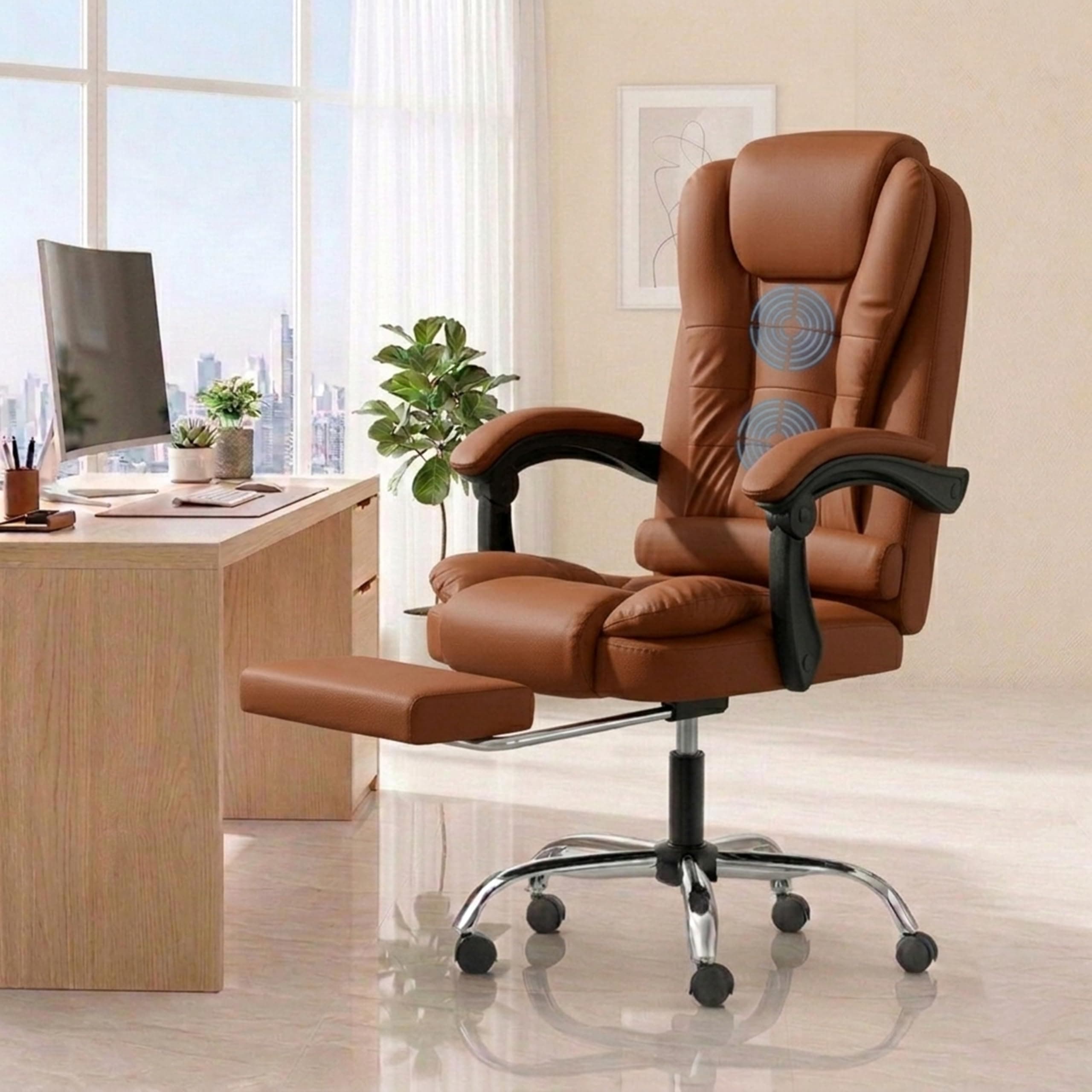 NORMAN JR Italia Leatherette Office Chair for Work | Boss Chair, Luxurious Cushioned Arms & Seat, 2 Point Back Massager, Adjustable Leg Rest, Heavy Duty Metal Base (Mud Brown)