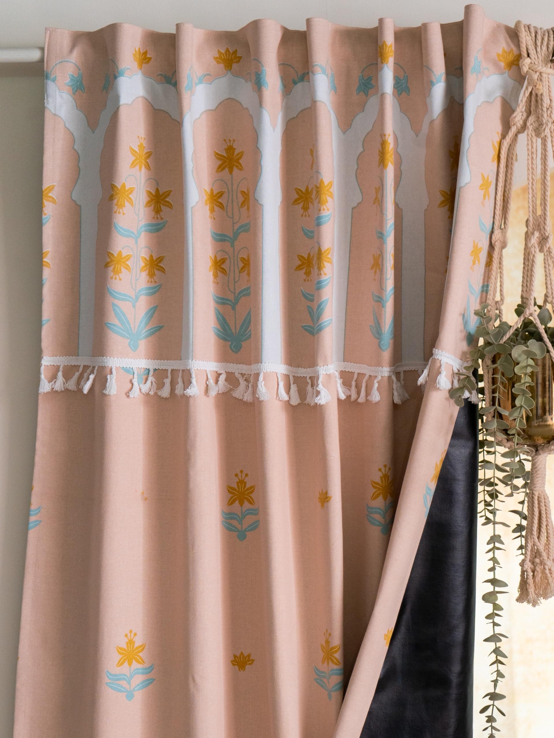 Tranquebar Curtain Co. 100% Blackout Curtains with PU Lamination on Cotton, 213 cm, Peach Floral Print with Tassel, BackTab & Track Channel, Design Taj, Blackout Curtain 7 Feet Set of 2 Door Curtains