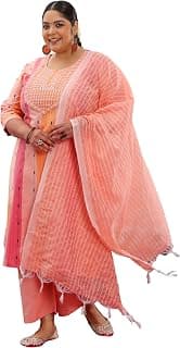 Extra Love By Libas Plus Size Woven Design Cotton Blend Straight Kurta With Trouser and Dupatta