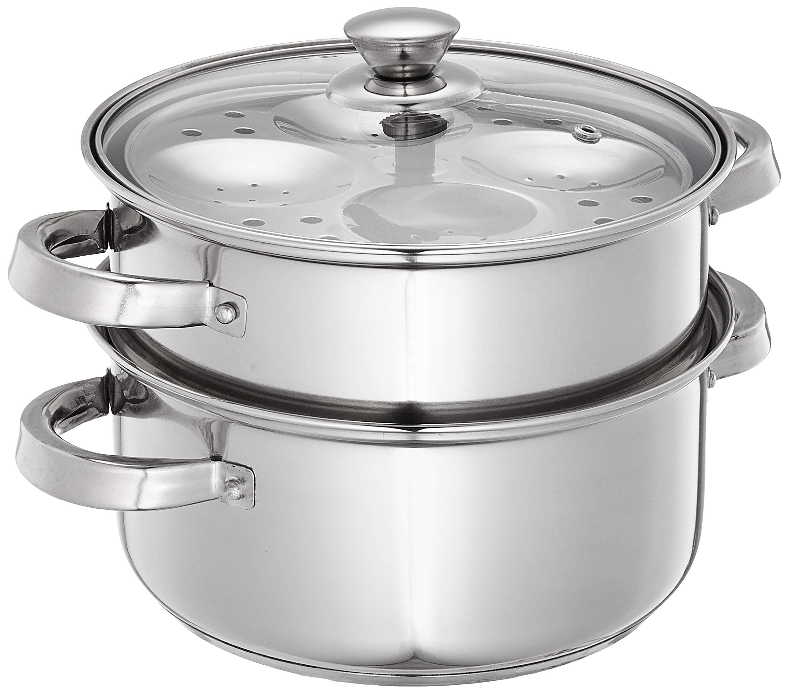 Amazon Brand Solimo - Stainless Steel 2 Tier – Steamer / Idli Cum Modak Maker With Glass Lid- 20 Cm | 3 Liters | Induction Base | Silver