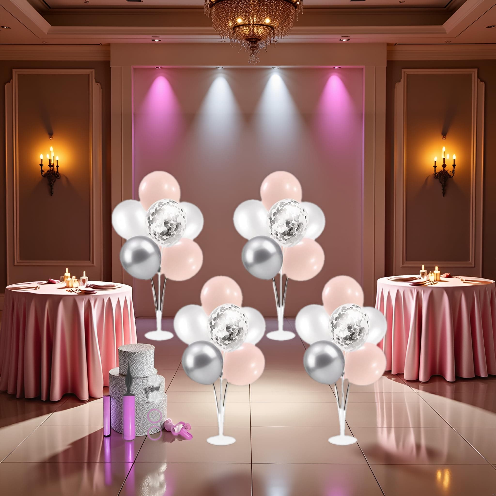Toys Treasure We Deliver Smiles Balloons Centerpiece Stand Kit 4 Sets with Pink/Silver Balloons, Flower Clips, Balloon Tie Tool, Air Pump for Tables Birthday/Anniversary Decorations (Pink Silver, 4)