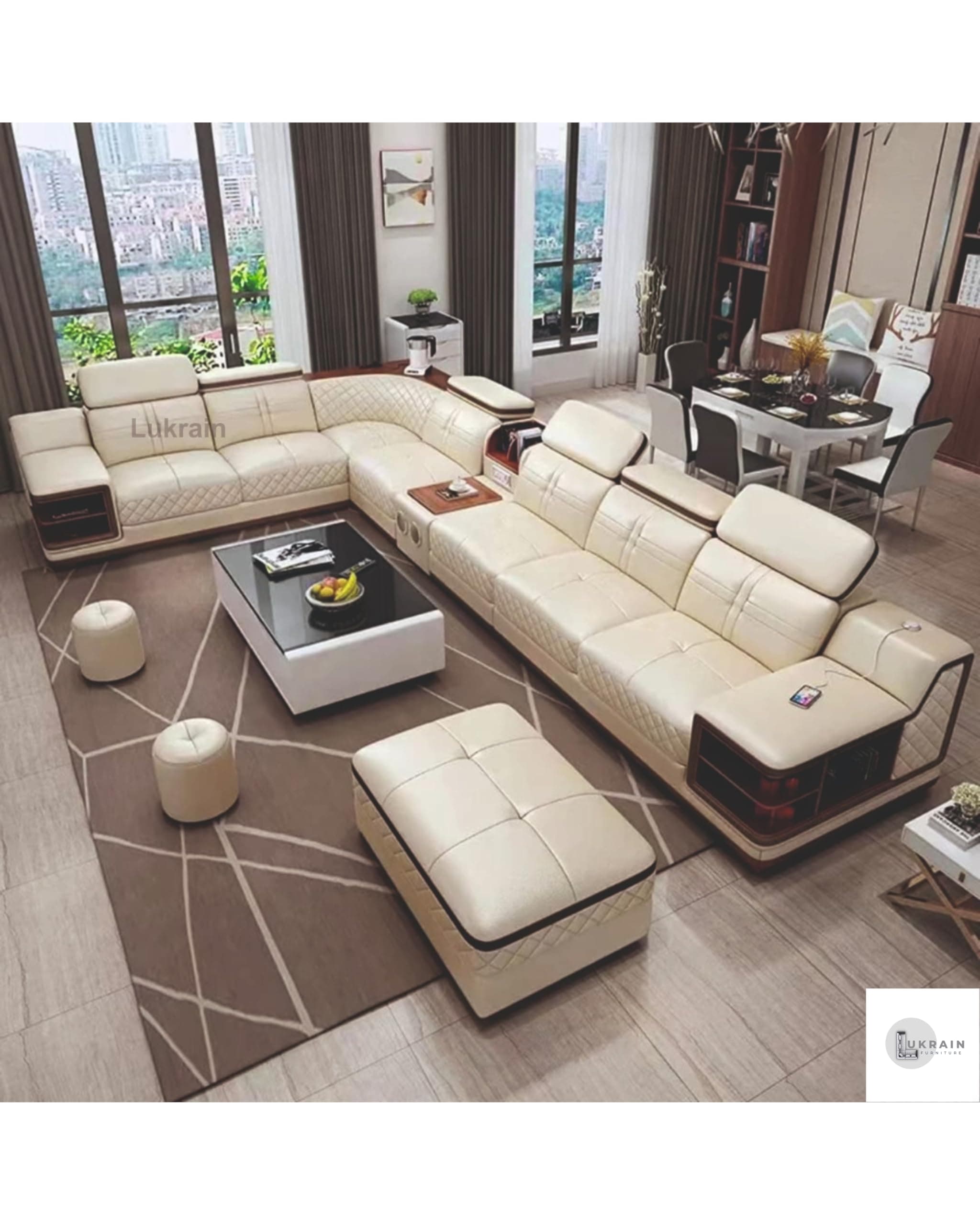 LUKRAIN Furniture L Shape Bluetooth Speaker 7 Seater Luxury Leather Sofa Set Without Centre Table with 2 Sitting Stool & Footrest for Your Living Room, Hotel, Dining Room, Hall (Color - Beige)