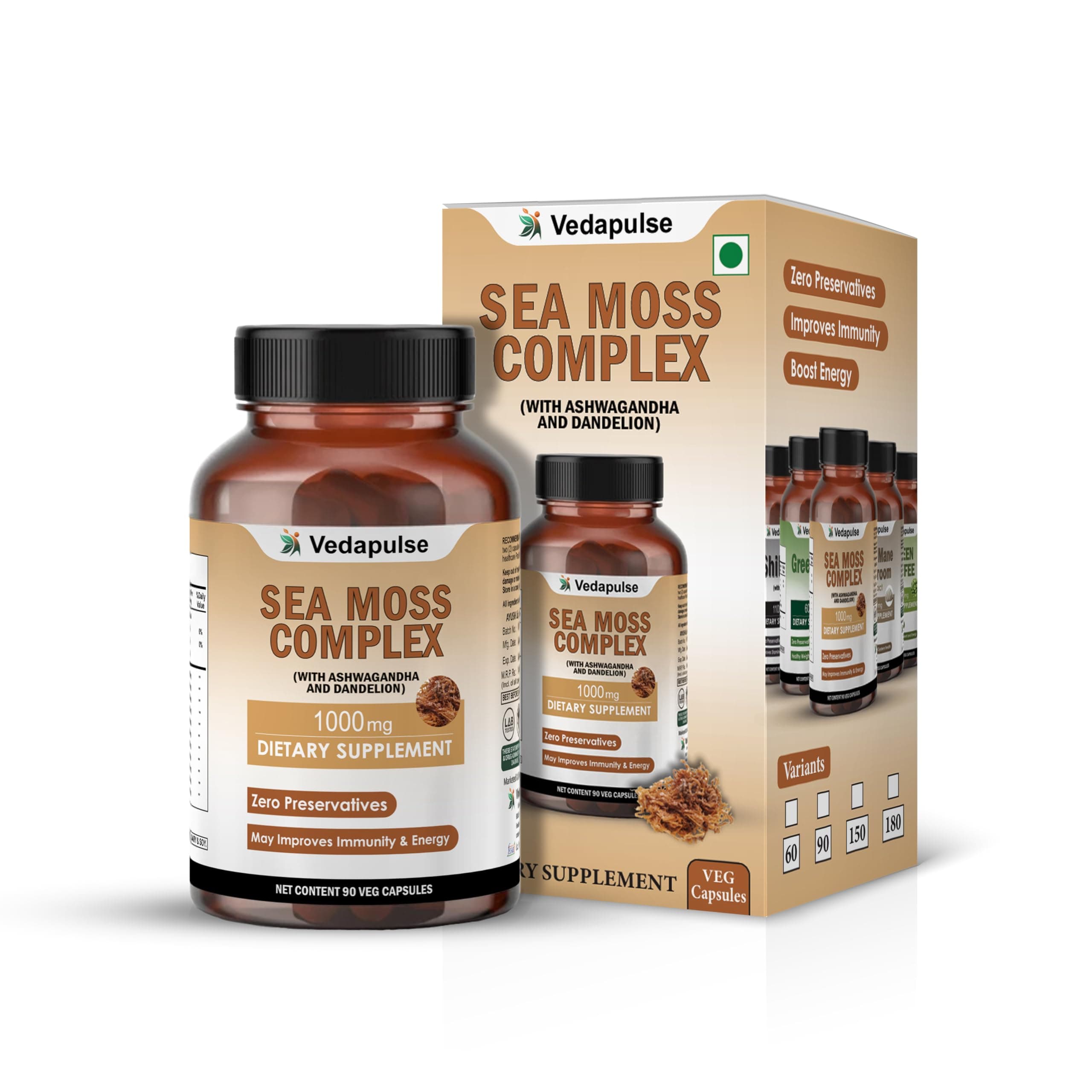 Sea Moss Complex with Ashwagandha & Dandelion – 1000mg Vegan Capsules – with Apple Cider Vinegar, Curcumin & Magnesium – 90 Veg Capsules