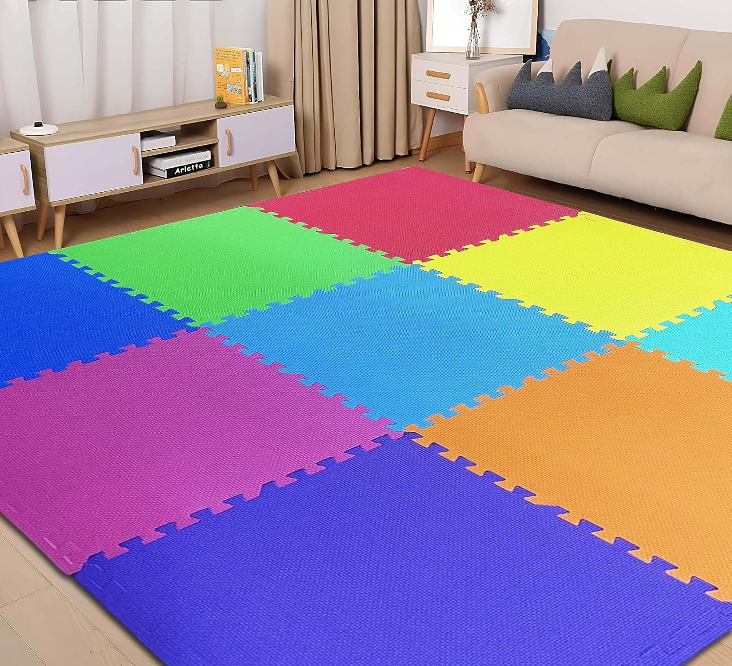 EASYHOME Multicolor Diamond Play Mat for Kids, Baby Interlocking Play Mat for Crawling and Playing - Protective Interlocking Tile for Kids- 60x60cm - 12mm Thickness, Multi (Pack of 18-72 Sq ft Area)