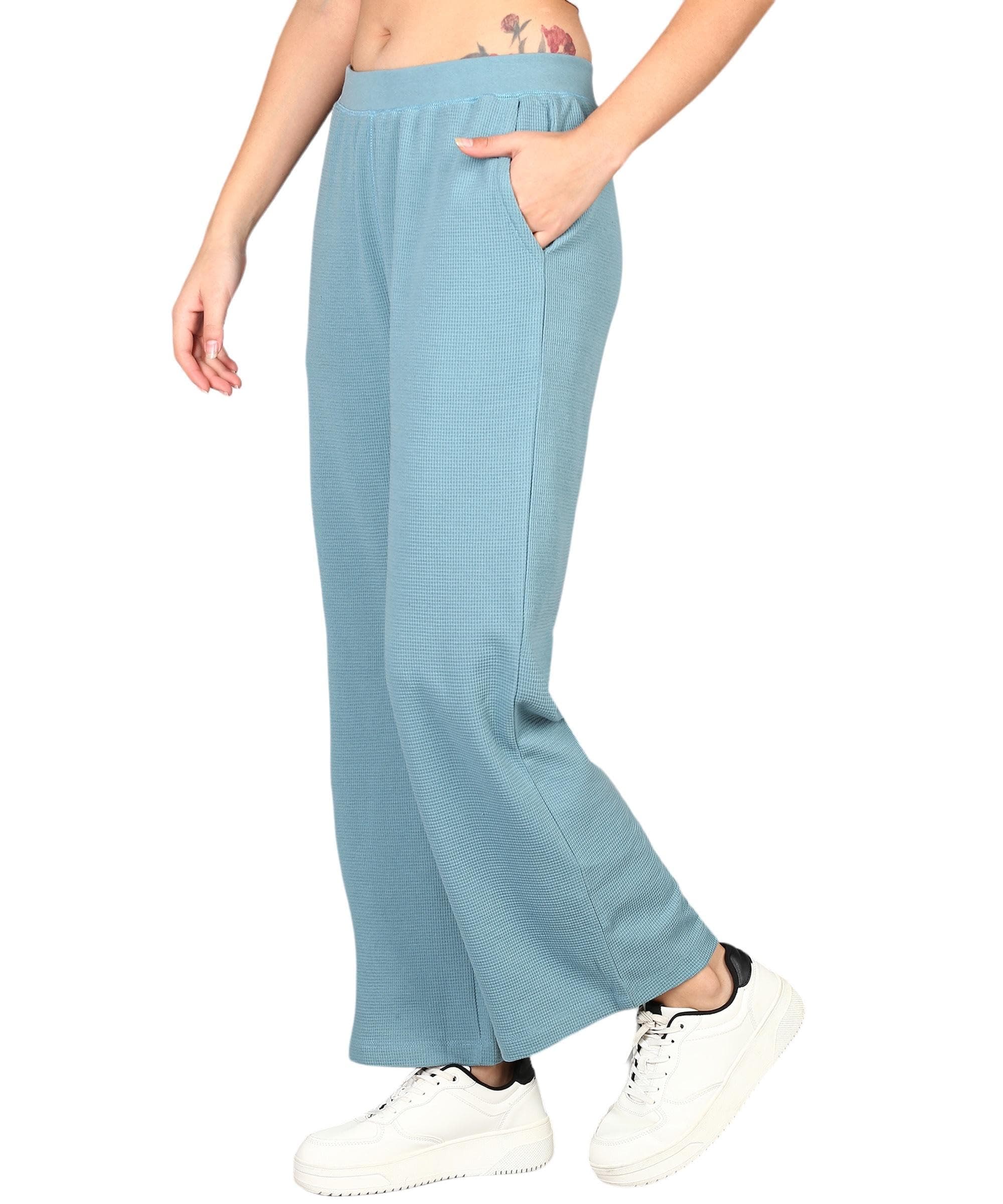 Alan Jones Clothing Women's Straight Fit Mid Rise Solid Stretch Waffle Straight Pants