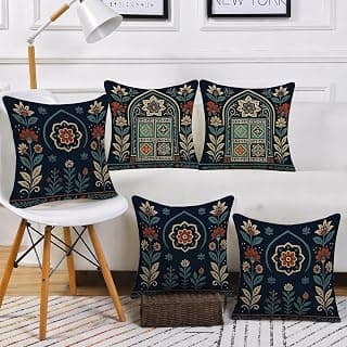 STITCHNEST Satin Cushion Covers Pack of 5 Rajasthani Haveli Door & Floral Arch Design, 16x16 Inch, Black Ethnic Decor for Sofa, Living Room & Festive Styling
