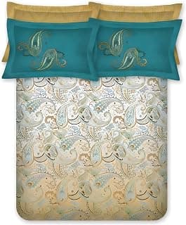 Bombay Dyeing King Size Bedsheet Cotton, Luxurious 300 Thread Count Cotton Bedsheet Set with 4 Pillow Covers - Ethnic Prints of India, 274cm x 274cm - Blue and Yellow