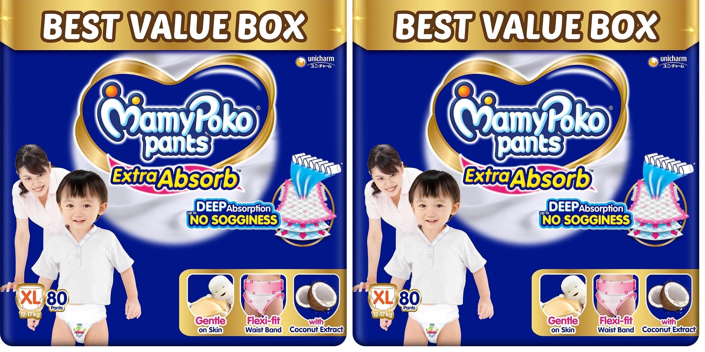 MamyPoko Pants Extra Absorb Baby Diapers, X-Large (XL), 80 Count, 12-17 kg (Pack of 2)