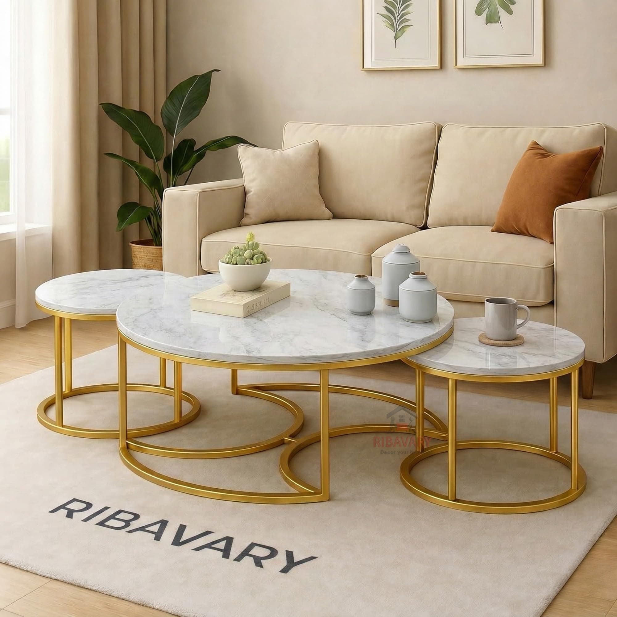 RIBAVARY Round Coffee Table Set of 3, Marble Laminated Accent Center Table with Sturdy Metal Base | Modern Foldable Nesting Stacking Tables for Living Room, Bedroom, or Apartments (Golden - White)