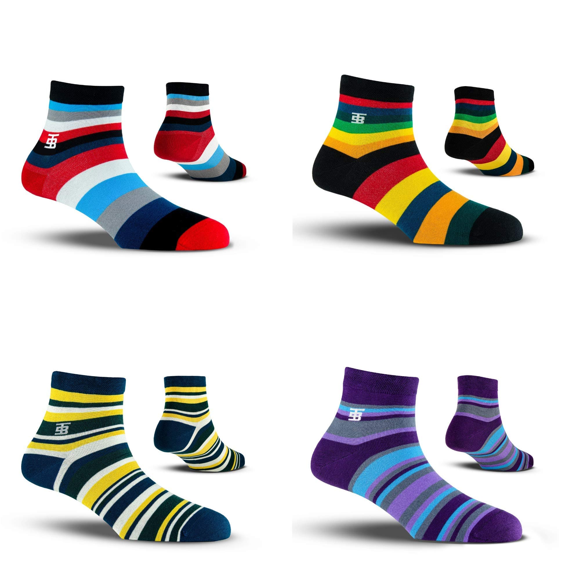 SockSoho Premium ANKLE LENGTH Socks for Men Combo | Stripes Set(Pack of 4 | Material : Combed Cotton | Color : Black, White, Blue, Purple I Size: Free (UK 7 to 12) I Length : Ankle)