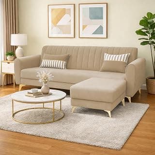 Adorn India Premium Luster 4 Seater L Shape Sofa Set | Velvet Suede Fabric | 3-Year Warranty | Color Beige with Golden Legs & Striped Pattern Cushion