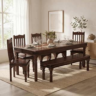 WOODLAB Sheesham Wood Dining Table Set with 5 Chair and 1 Bench for Home Dining Room Wooden 8 Seater Dinner Table for Living Room Hotels Restaurants - Walnut Finish
