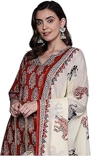 INDO ERA Women's Pure Cotton Printed Straight Kurta & Pant With Dupatta Set