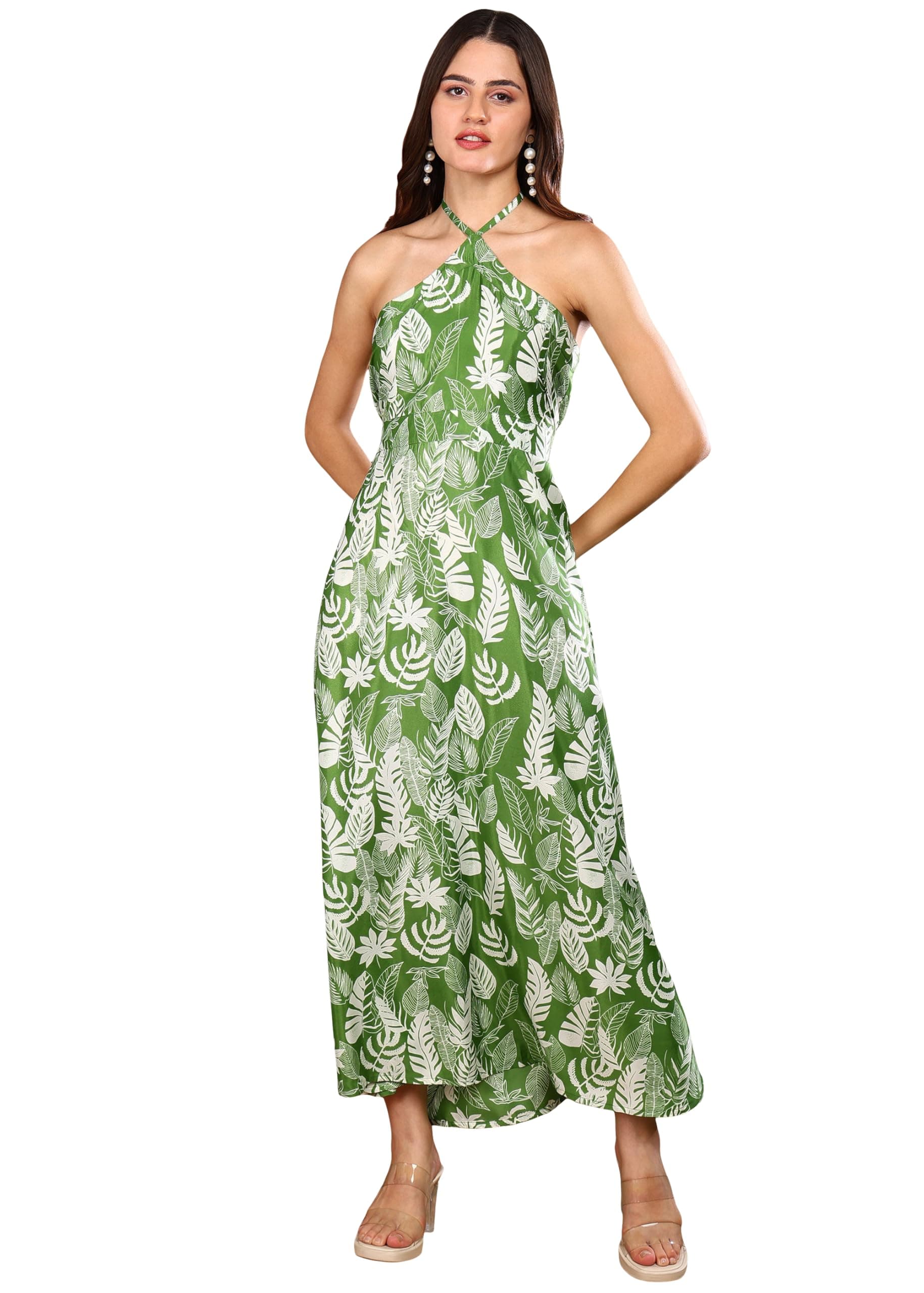 Yash Gallery Women’s Microfiber Halter-Neck Maxi Dress | Green Leaf Print | Tie-Up Neck, Elasticated Waist, Sleeveless | Casual, Beach & Resort Wear