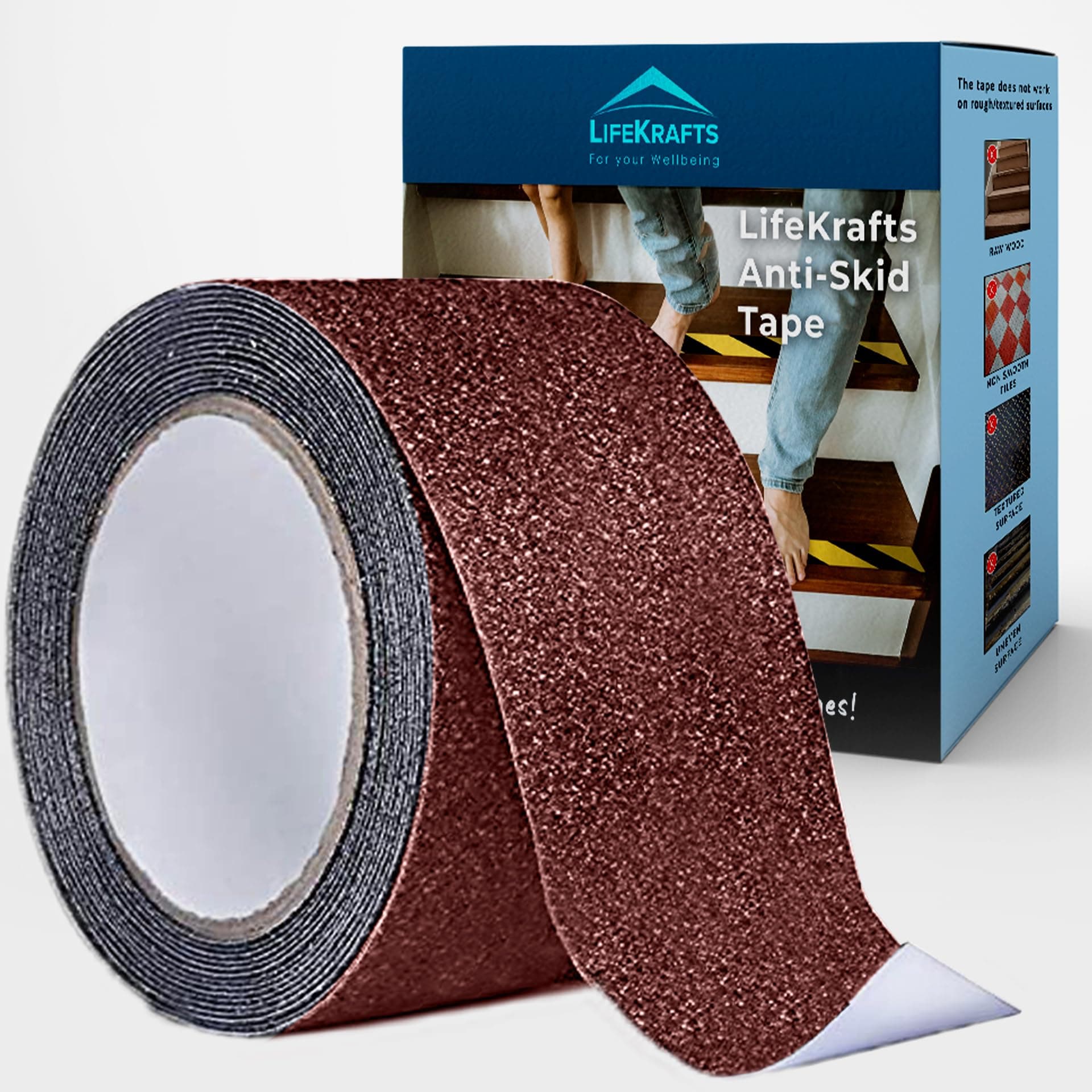 LifeKrafts Anti Skid Tape for Stairs | Heavy-Duty Anti Slip Grip Tape | Fall & Slip Protection | For Floors, Staircase, Ramps, Tiles, Marble & Wood | Indoor & Outdoor |10 Meter × 50 mm|Brown|Pack of 1