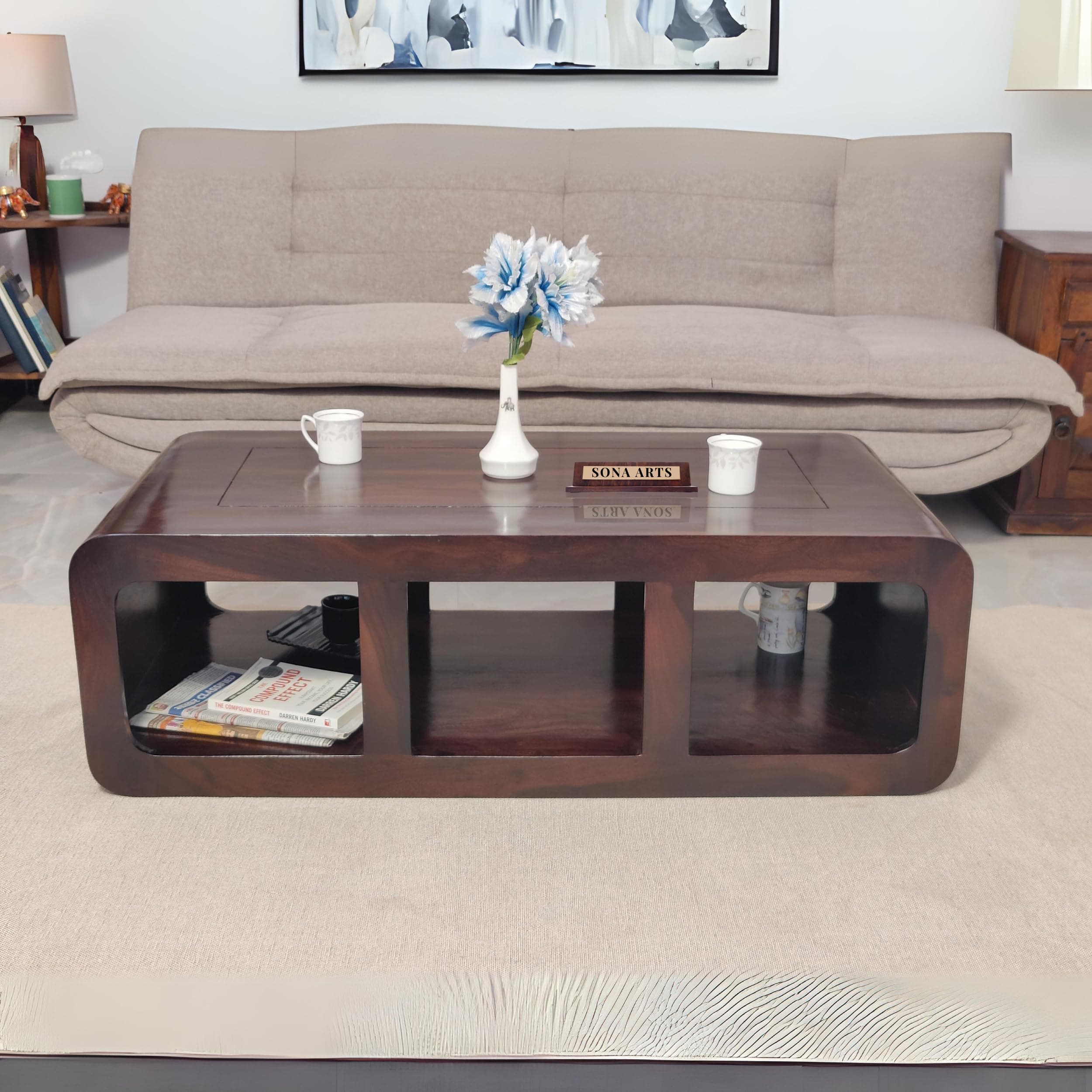 Modern Furniture SHEESHAM Wooden Center Table for Living Room Home with Storage | Tea Coffee Table Wooden | Centre Table for Living Room - Walnut Finish