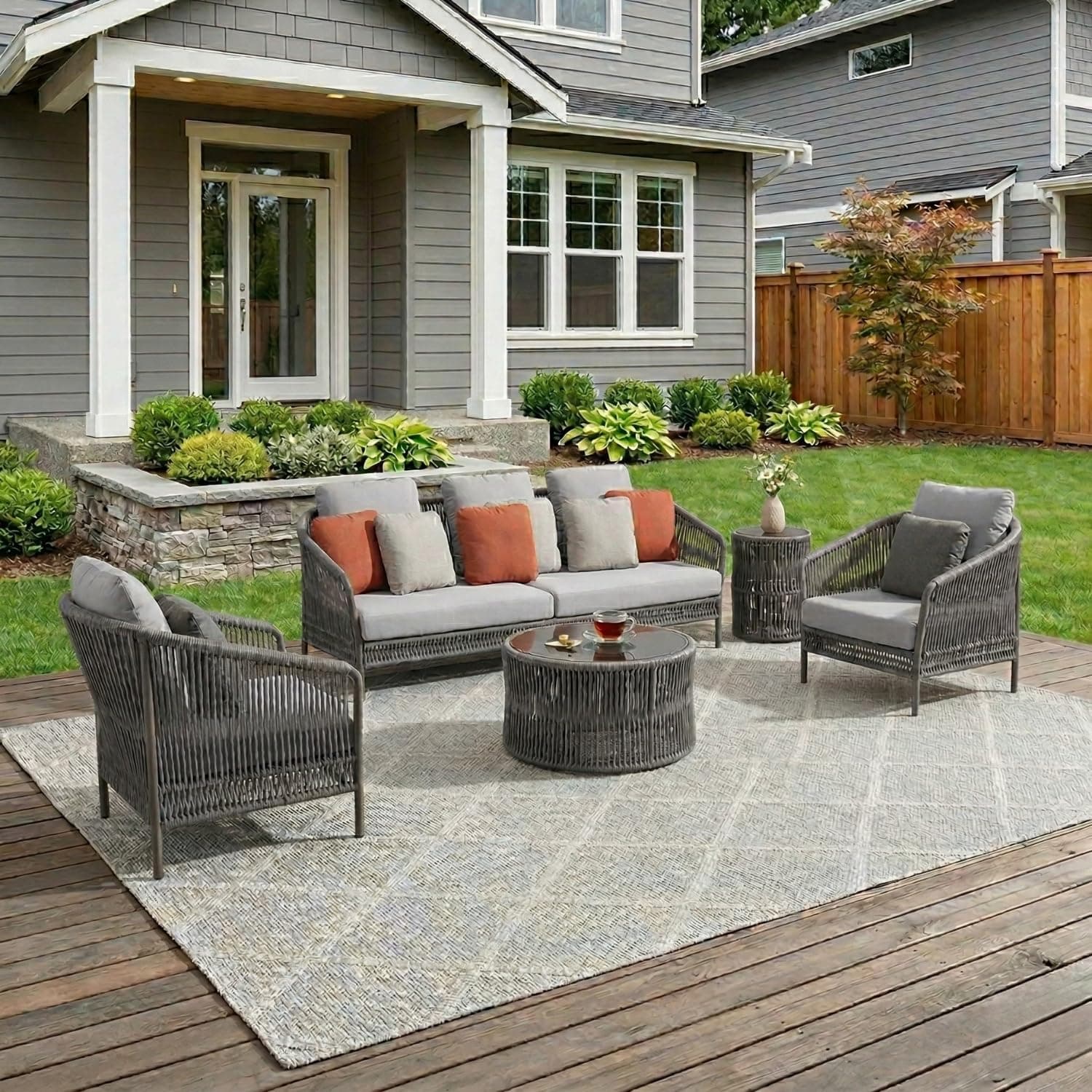 DEVOKO Outdoor 5 Seater Rope Patio Furniture Sofa Set with Center Table and Side Table for Balcony, Terrace, Garden, and Backyard, Poolside All-Weather Rope Conversation Set (Grey)