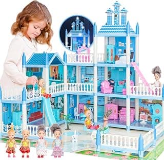 Large Dollhouse Playhouse Girls Toy with Lights, 3-Story 9 Room Dollhouse with 4 Dolls Slides Stairs Furniture Accessories Play Mat Toddler Birthday Gift for 3 4 5 6 7 8 Years Old