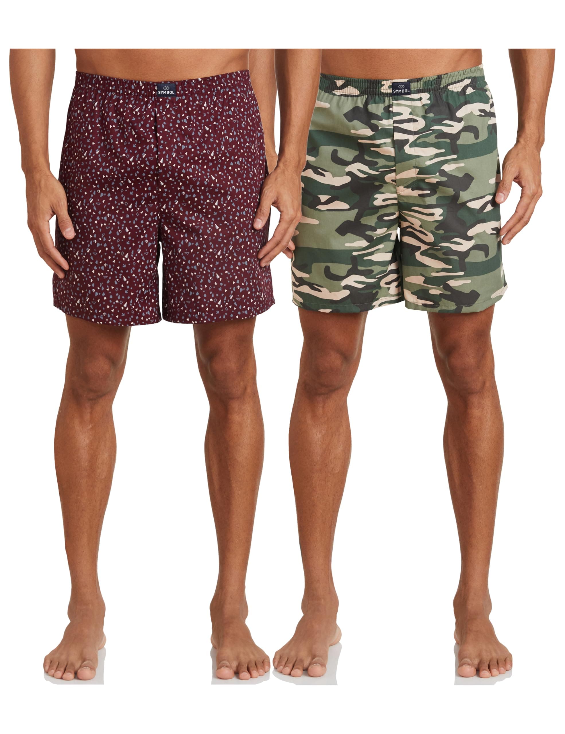Amazon Brand - Symbol Men's Cotton Printed Boxer Shorts (Combo Pack of 2) Casual | Underwear | Half Pants | Short Pant - Regular Fit with Back Pocket