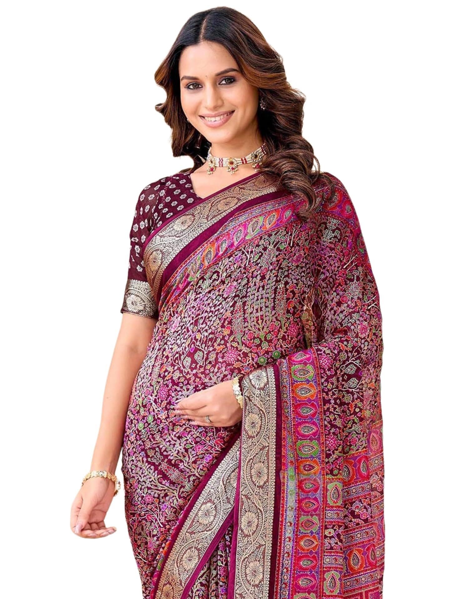 SIRIL Women's Georgette Foil Printed Weaving Border Saree With Unstitched Blouse Piece