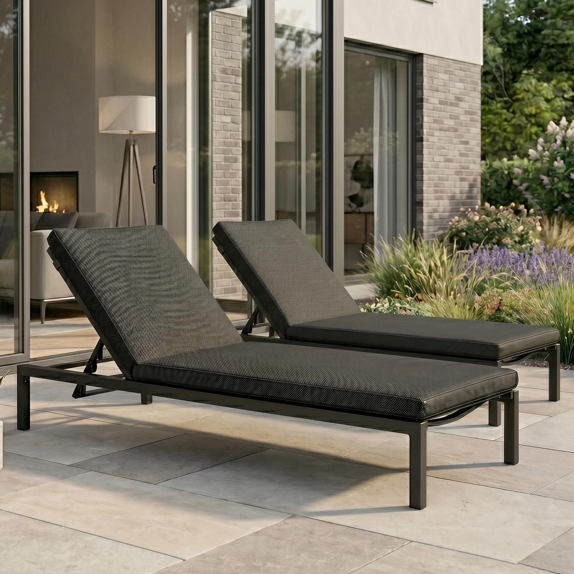 OUTLIVING Rattan & Wicker Outdoor Swimming Poolside Lounger Beach Sunbathing Lawn Patio Chaise Sun Lounger Chair with Cushion & Adjustable Backrest - (Black) Set of 2