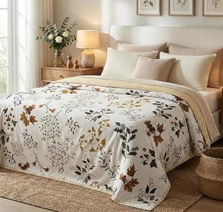 VAS COLLECTIONS Cotton AC Blanket for Double Bed (220×230 cm) | Reversible Soft Lightweight All-Season Blanket | Skin-Friendly & Breathable Comforter (Golden Leaf Garden)