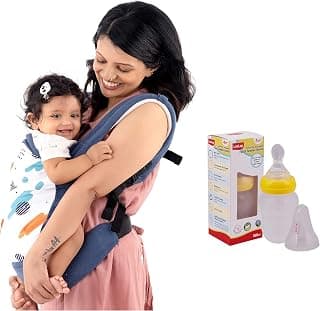 LuvLap Adore Baby Carrier with 3 Carry Positions, for 6 to 24 Months Baby, Max Weight Up to 18 Kgs (Blue) & Feeding Spoon with Squeezy Food Grade Silicone Feeder Bottle, for Infant Baby, 180ml,
