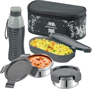 CELLO Gemini Lunch Box Gift Set of 3 Pieces with Bag for Office Use, Grey | 300ml x 2 Steel Round Containers, 500ml x 1 Oval Container with 600 ml Water Bottle, Leak Proof Tiffin Set for School Travel