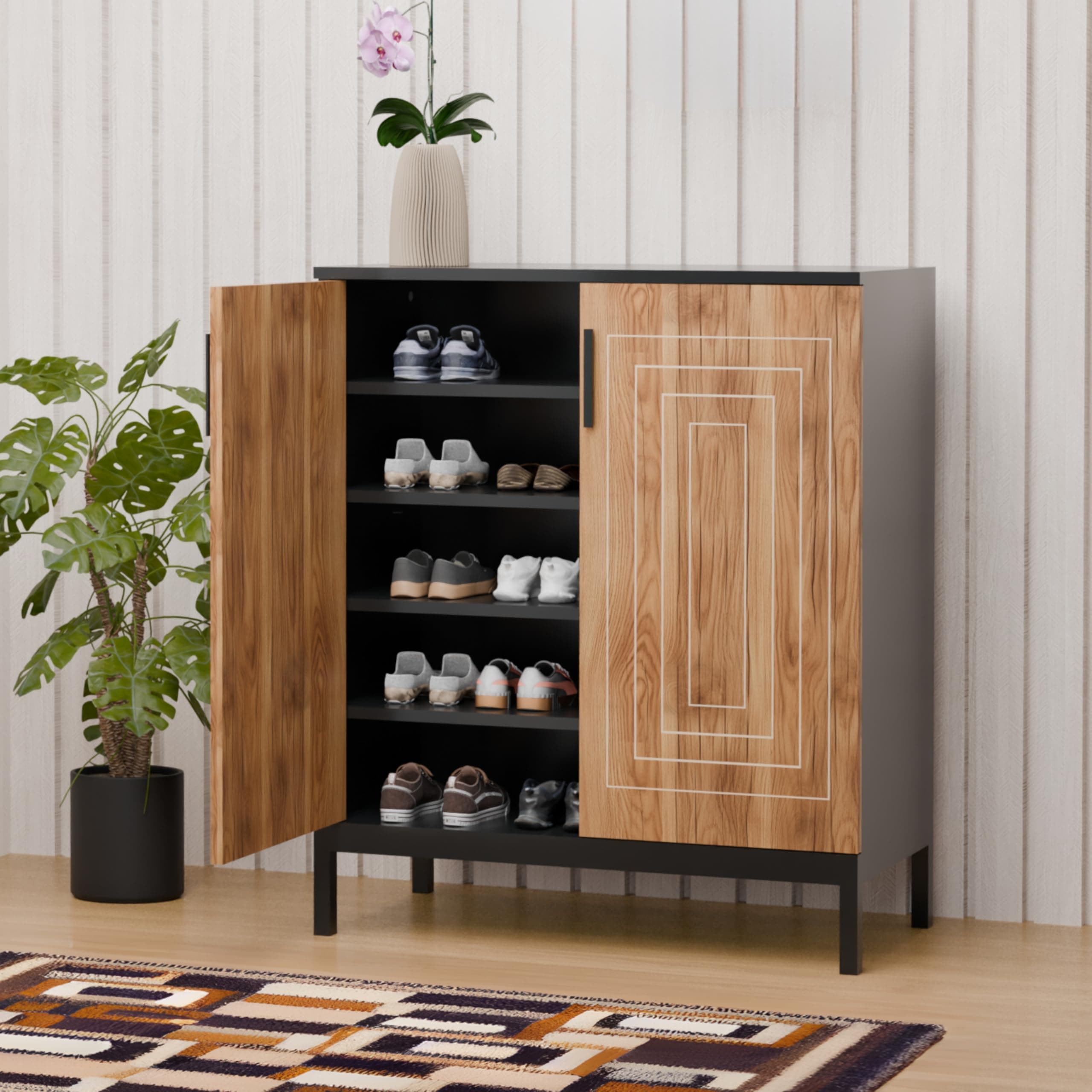Klaxon Wooden Shoe Rack with Door and Lock, 16 Pair Shoe Cabinet for Entryway, Hallway and Bedroom, Engineered Wood Storage Organizer with Adjustable Shelves and Installation (SR 2DR Oak Black)