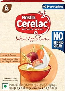 CERELAC Baby Food Cereal | No Refined Sugar | No Preservatives | Wheat Apple Carrot for 6 to 24 Months Baby | With Omega 3 Iron Protein Calcium Vit D | Instant Cereal | 300g (Weight may vary upwards)