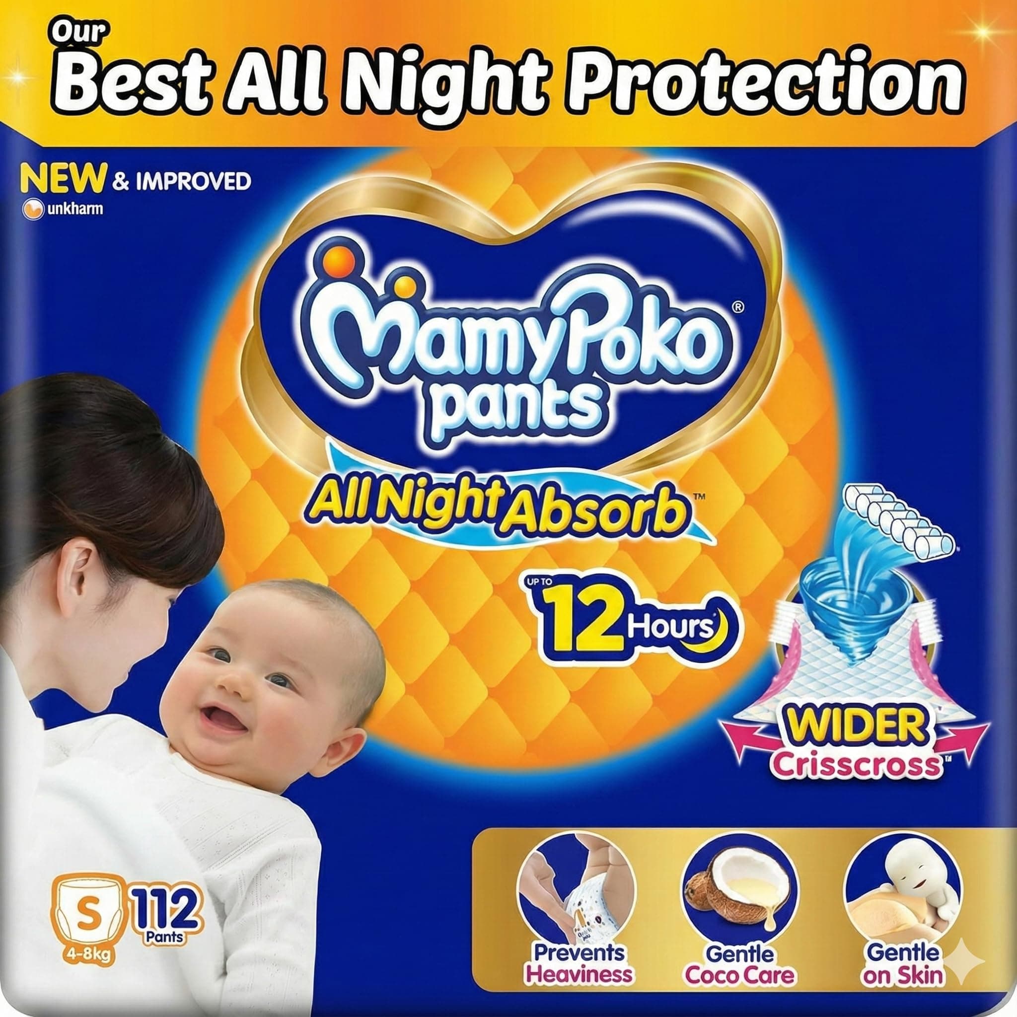 Mamypoko pants All night absorb| Pant Style Baby Diapers Small Size(S), 112 Count, Ideal for upto 5Kgs|1 Diaper= Upto All night Absorption|Wider Crisscross Sheet|Gentle Coco Care| 12hr Leakage Protection| Prevents Heaviness (Pack of 2)