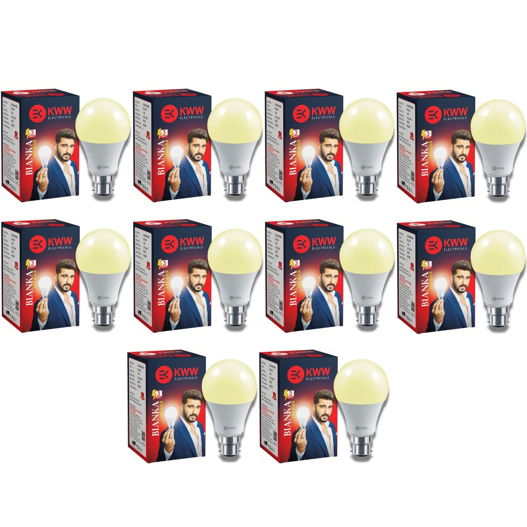 KWW 3W B22 Warm White LED Bulb Pack of 10 | 3 Watt LED Bulb | Yellow Lights for Bedroom | Energy Efficient | Yellow Light Bulb for Decorative Lighting | BIS Certified | 1 Year Warranty