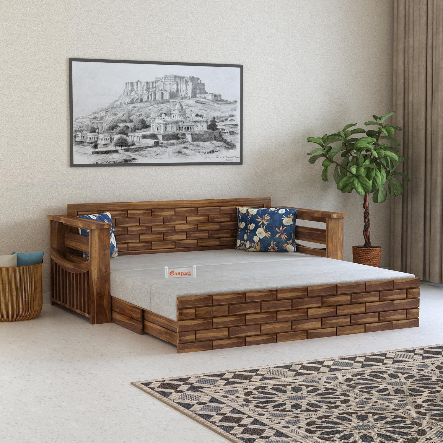 Ganpati Arts Solid Sheesham Wood 3 Seater Italian Sofa Cum Bed with Storage and Side Pockets for Living Room Wooden Sofa Bed for Home - Teak Finish 1 Year Warranty