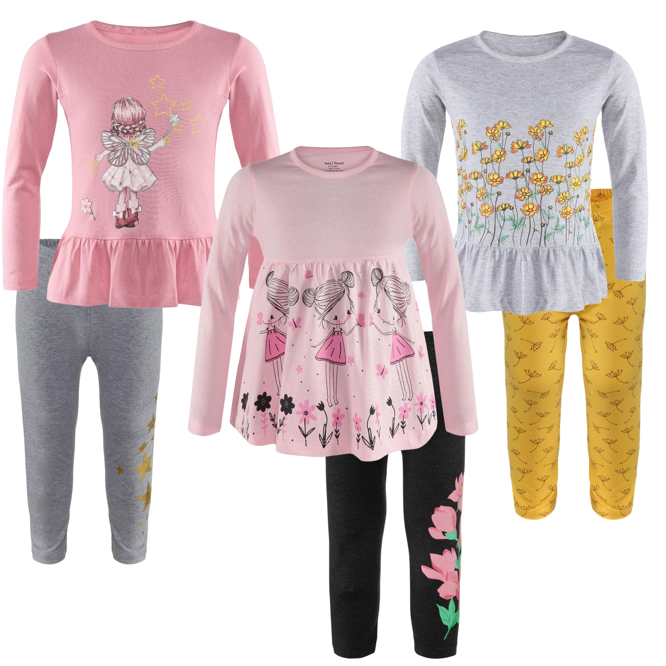 TotzTouch Cotton Premium Girls Night Wear T Shirt & Pyjama Full Sleeves | Night Dress For Girl Kids | Night Dresses Tee Top & Pajama Pant Set of 3, 2-3 Years, Assorted