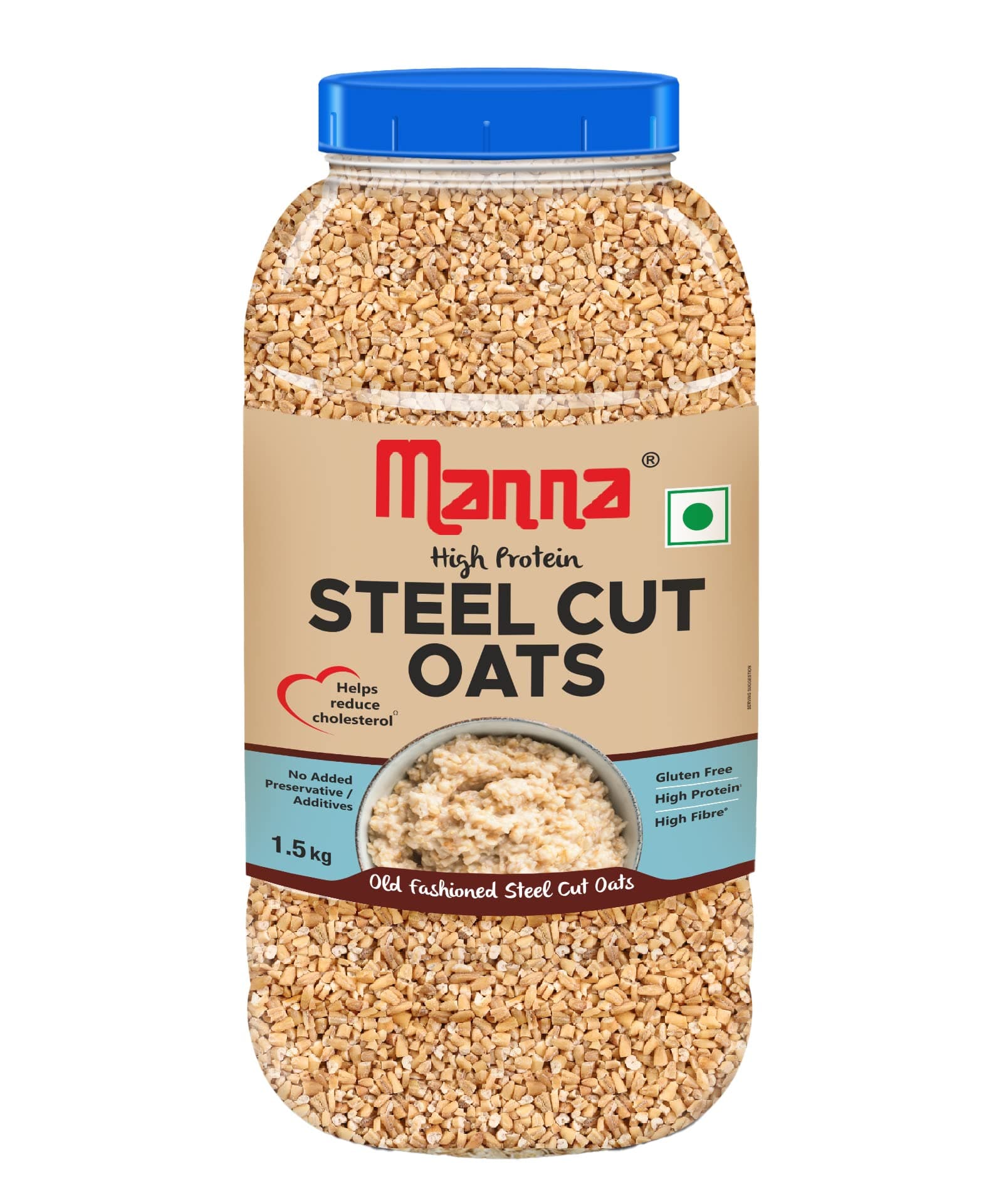 Manna Steel Cut Oats 1.5 Kg | Gluten Free | Diabetic Friendly | High Protein & Fibre 1.5kg (Pack of 1)