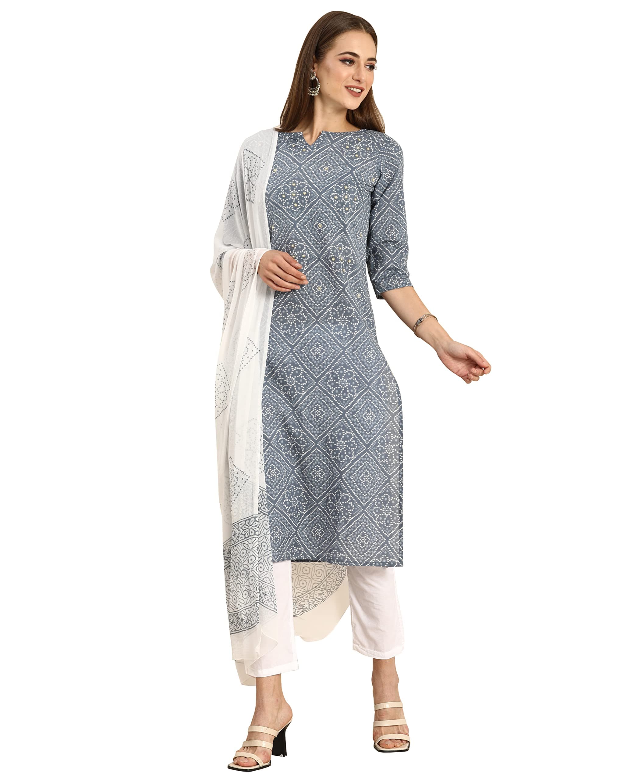 Monira Women's Pure Cambric Cotton Embroidered Straight Kurta Set With Dupatta (Ready To Wear; Grey And White; S To XXL)(MONVL212-P)