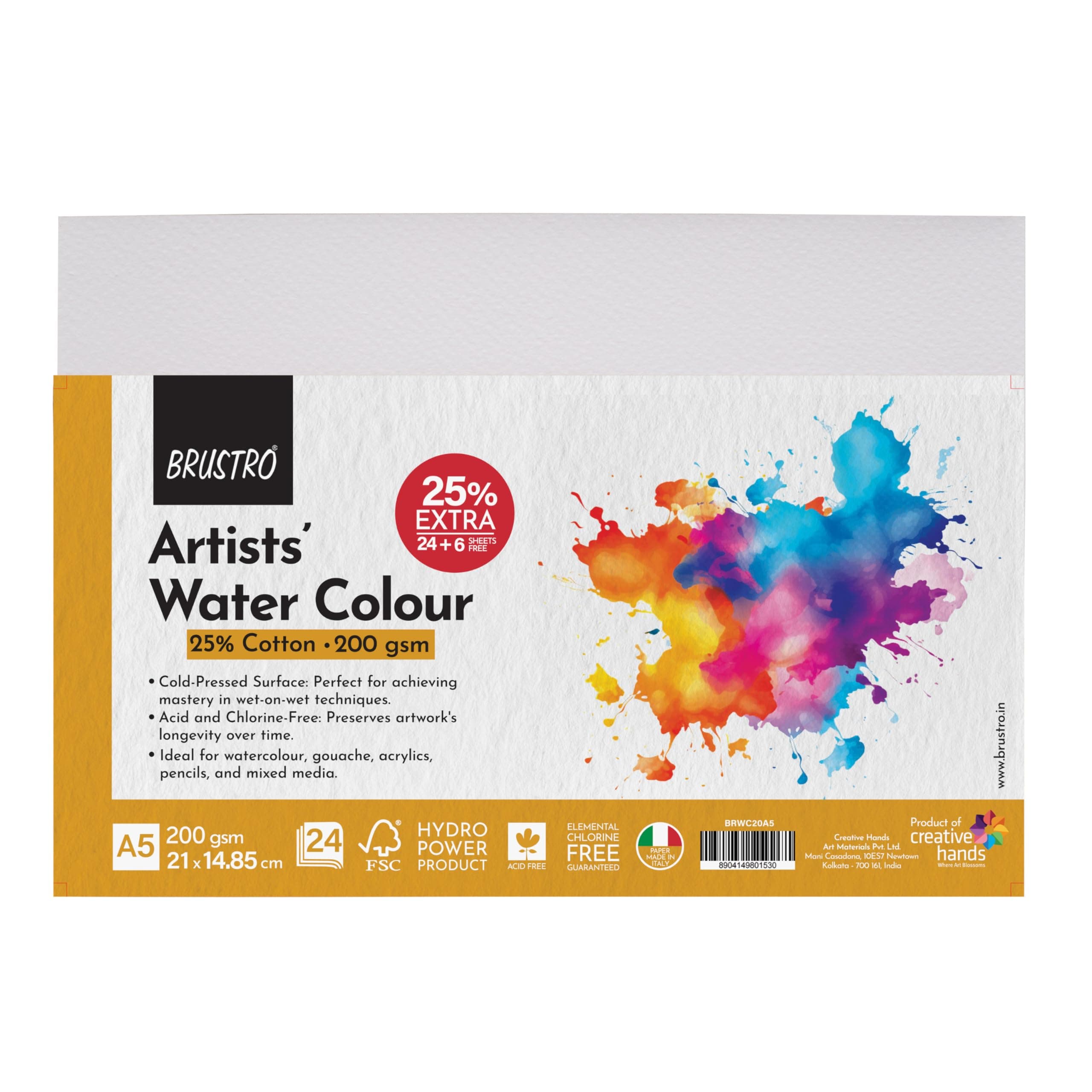 BRUSTRO Artists 25% Cotton Watercolour Paper, 200 GSM, A5, Cold Pressed, 24 + 6 Free Sheets| Ideal for Watercolor,Gouache,Charcoal,Graphite,Ink & Other Mixed Media