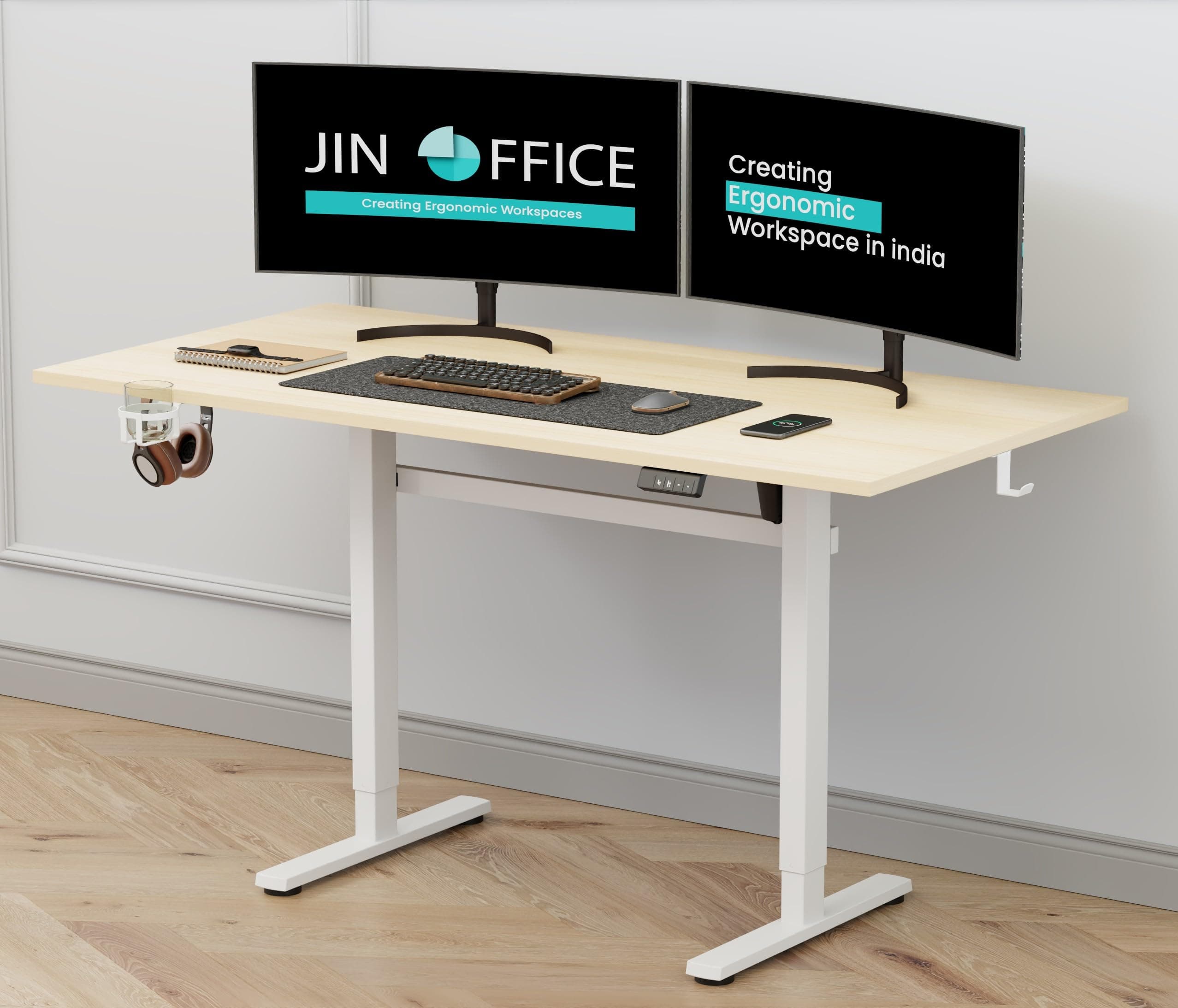 JIN OFFICE Octave Height Adjustable Table Electric | Sit Stand Desk, 2 Year Warranty, 80 Kg Wt. Cap| Standing Desk with Memory Preset, Cup Holder| Stability Crossbar| Maple 1500*750mm/25mm Thick Top