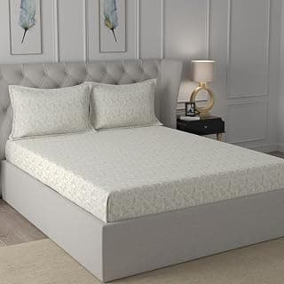 maspar Ardour Fleur 100% Cotton Bed Sheet Set, Bed Sheet (275 x 275 cm) with Two Pillow Covers (46 x 69 cm), King, Neutral