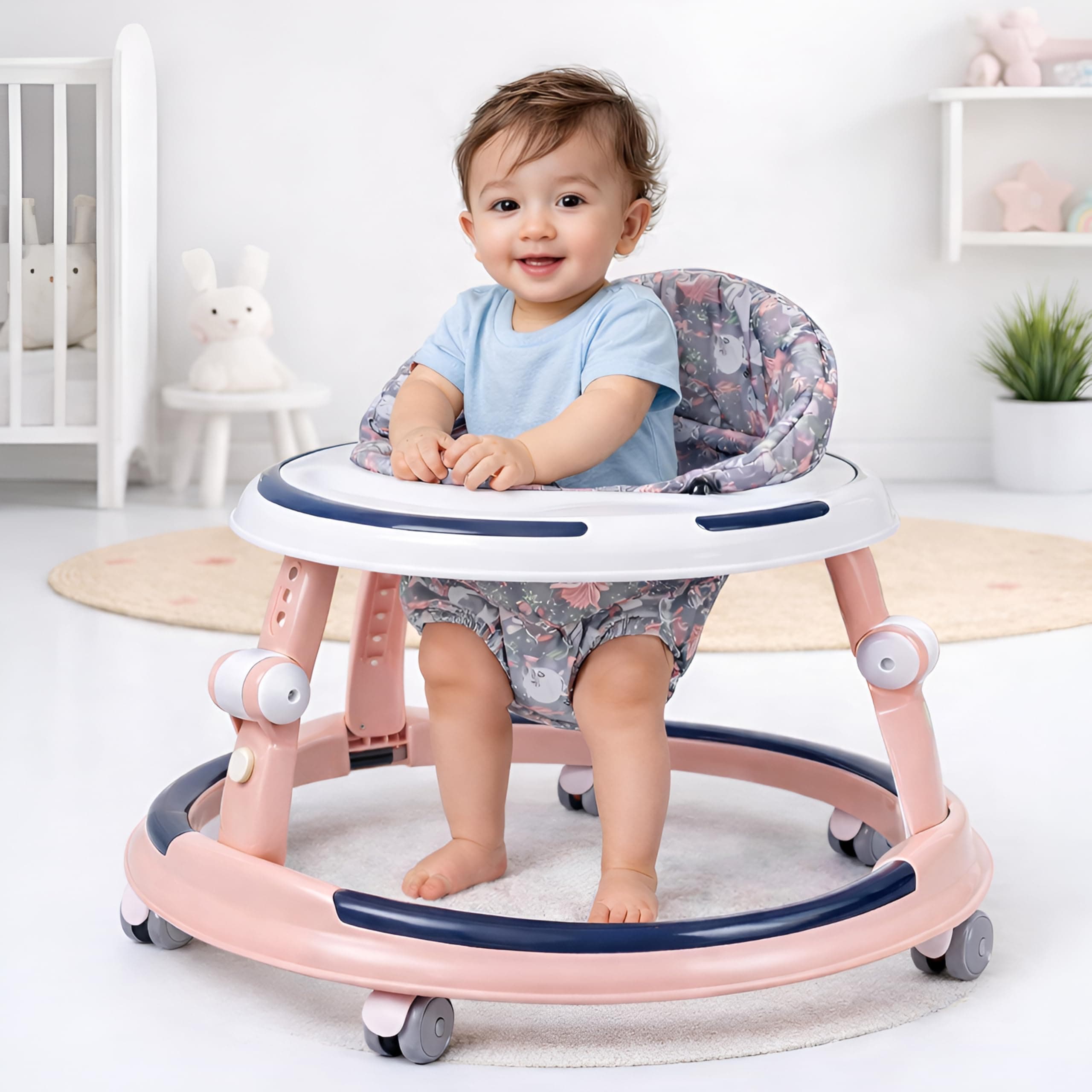 Kidsmate Kiddo Baby Walker for Babies of Ages 6-24 Months | 3 Level Height Adjustable Baby Walkers, Seat Adjustment, 360° Rotating Wheels | Foldable Design & Soft Breathable Cushion Seat - Soft Pink