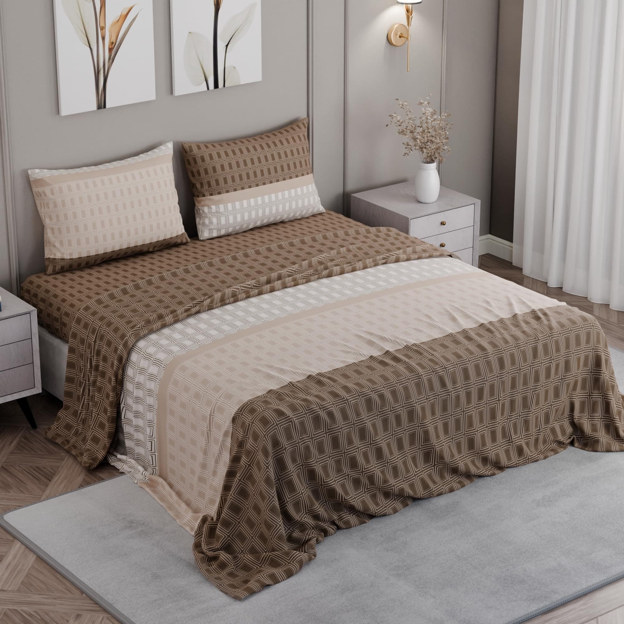 BLISSHOME SoftTouch 150TC Cotton King Size Printed Bedsheet with 2 Pillow Covers for Double Bed, Silky Smooth Bedding Set, Breathable, Easy Maintain, Geometric Pattern - Brown (228cm X 274cm)