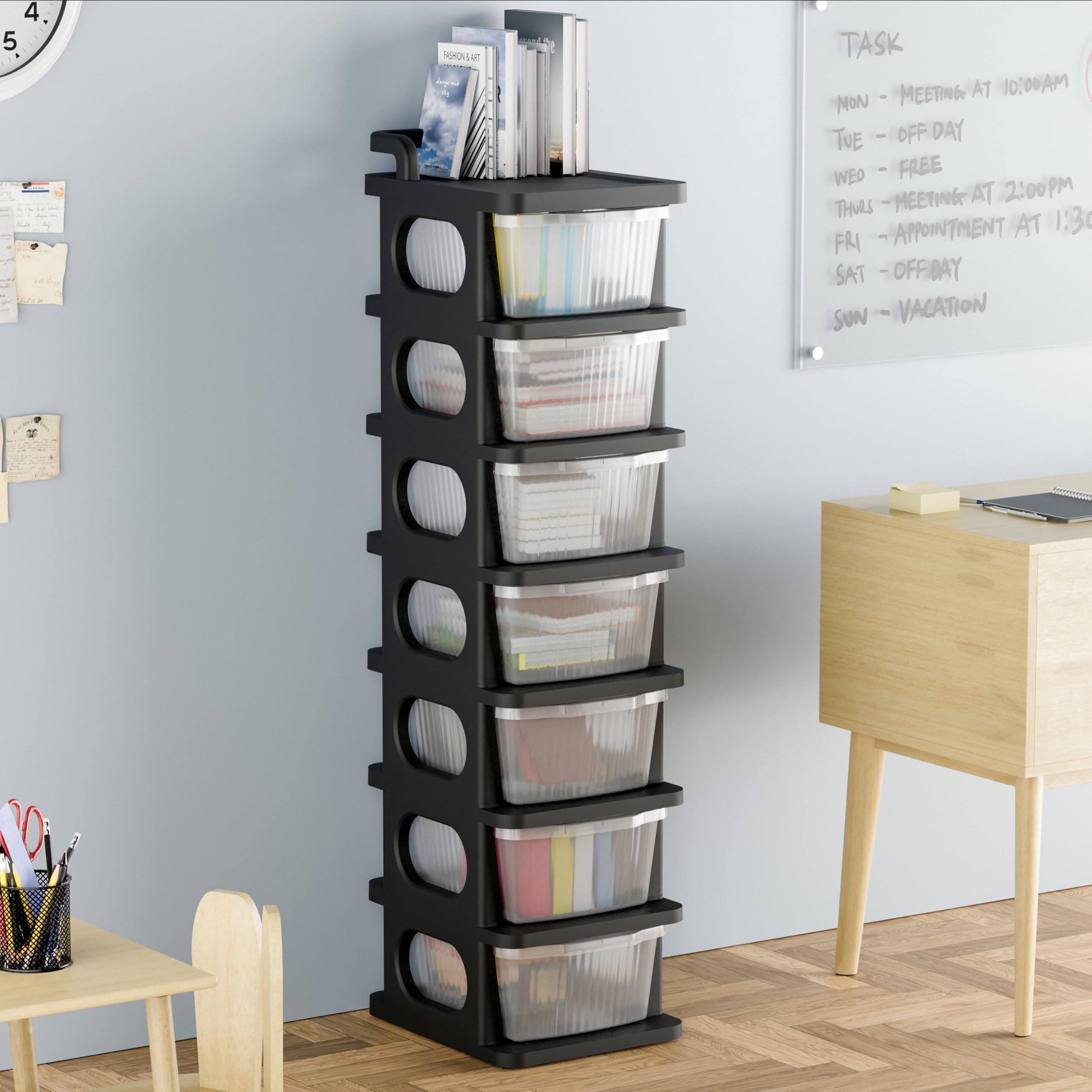 JD Fresh 7 Tier Plastic Drawer Organizer with Wheels/Transparent Modular Drawer Storage for Clothes/Toys Organizer for Kids Room/Multipurpose Storage Rack for Living Room/Office (Black & Transparent)