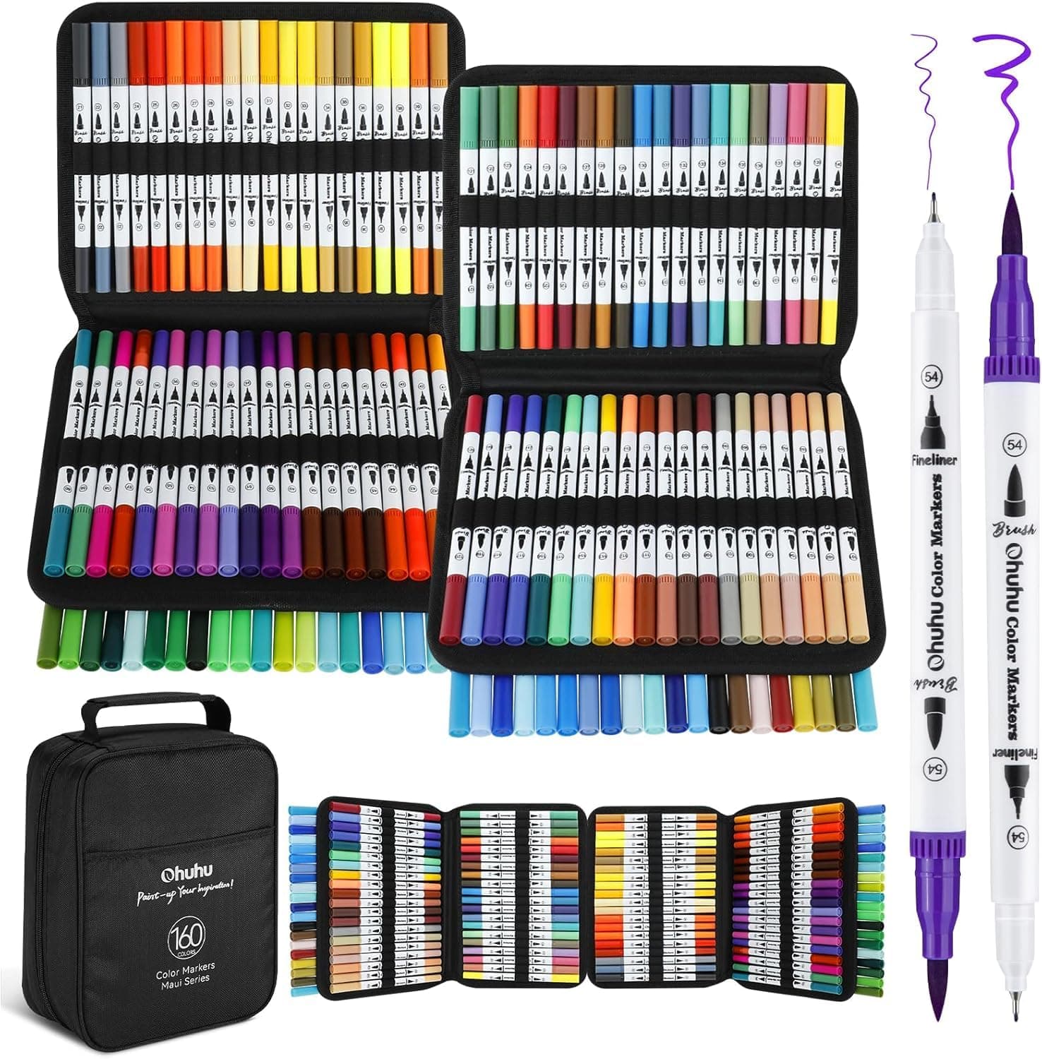 Ohuhu Brush Pen 160 Colors Water-based Sketch Pen Set No Bleeding Dual Tips Fineliner & Brush Drawing Pens with Carrying Case Art Marker for Kids Adults Adults Calligraphy Journal - Maui - White