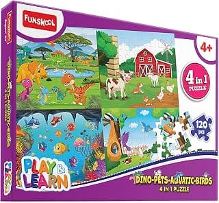 Play & Learn Funskool 4in1 Jigsaw Puzzle Game for Kids, Dino-Pets-Aquatic-Birds, 120 Pieces, Educational, Learning & Development, Fun Activity Toy for Childrens, Gift Set for Kid, Age 4+ Years