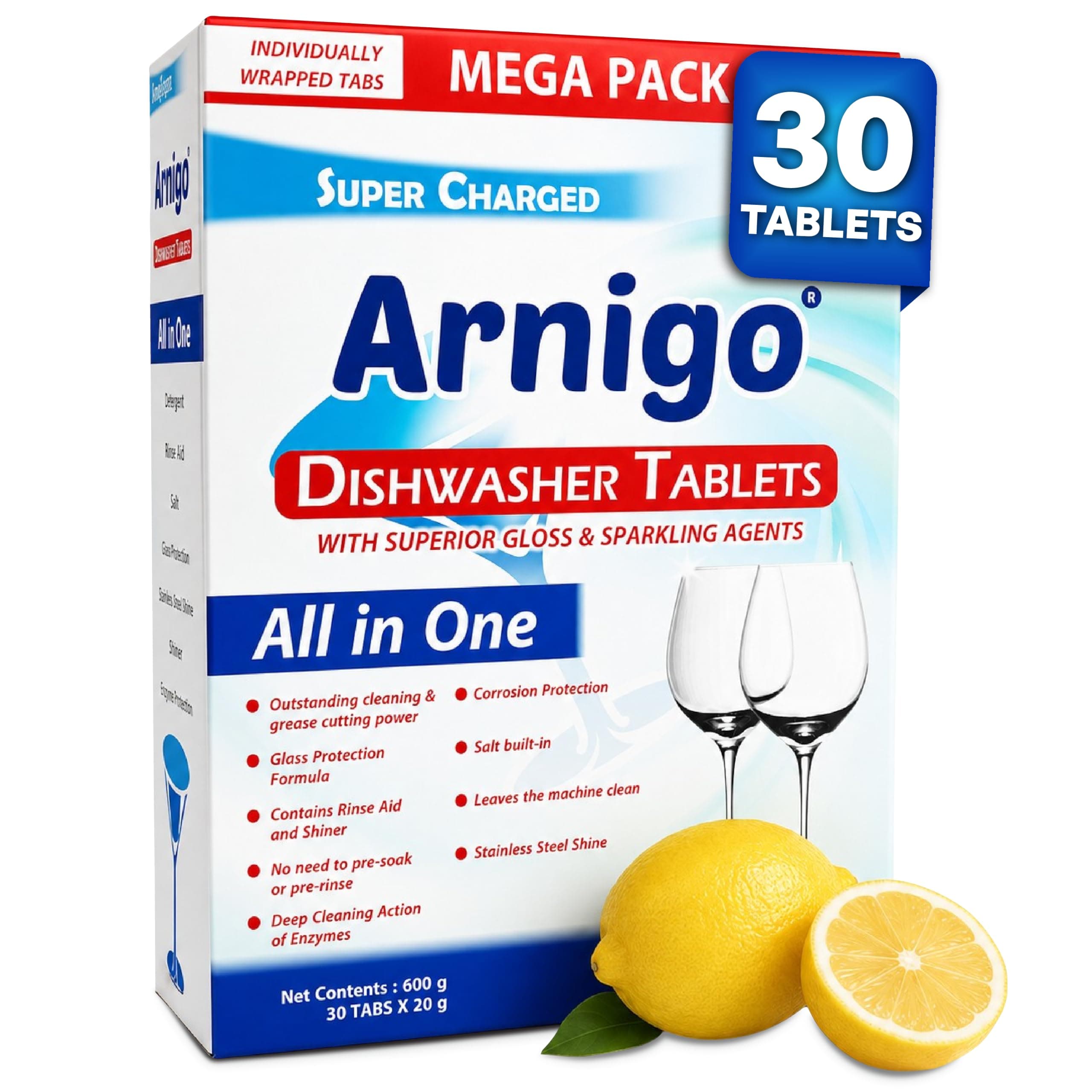 Arnigo Super Charged All In One Dishwasher Tablets for Outstanding Cleaning, Contains Rinse Aid & Shiner, Corrosion Protection, for Crystal Clear and Haze-free Shine, Dishwasher Friendly- 30 Tablets
