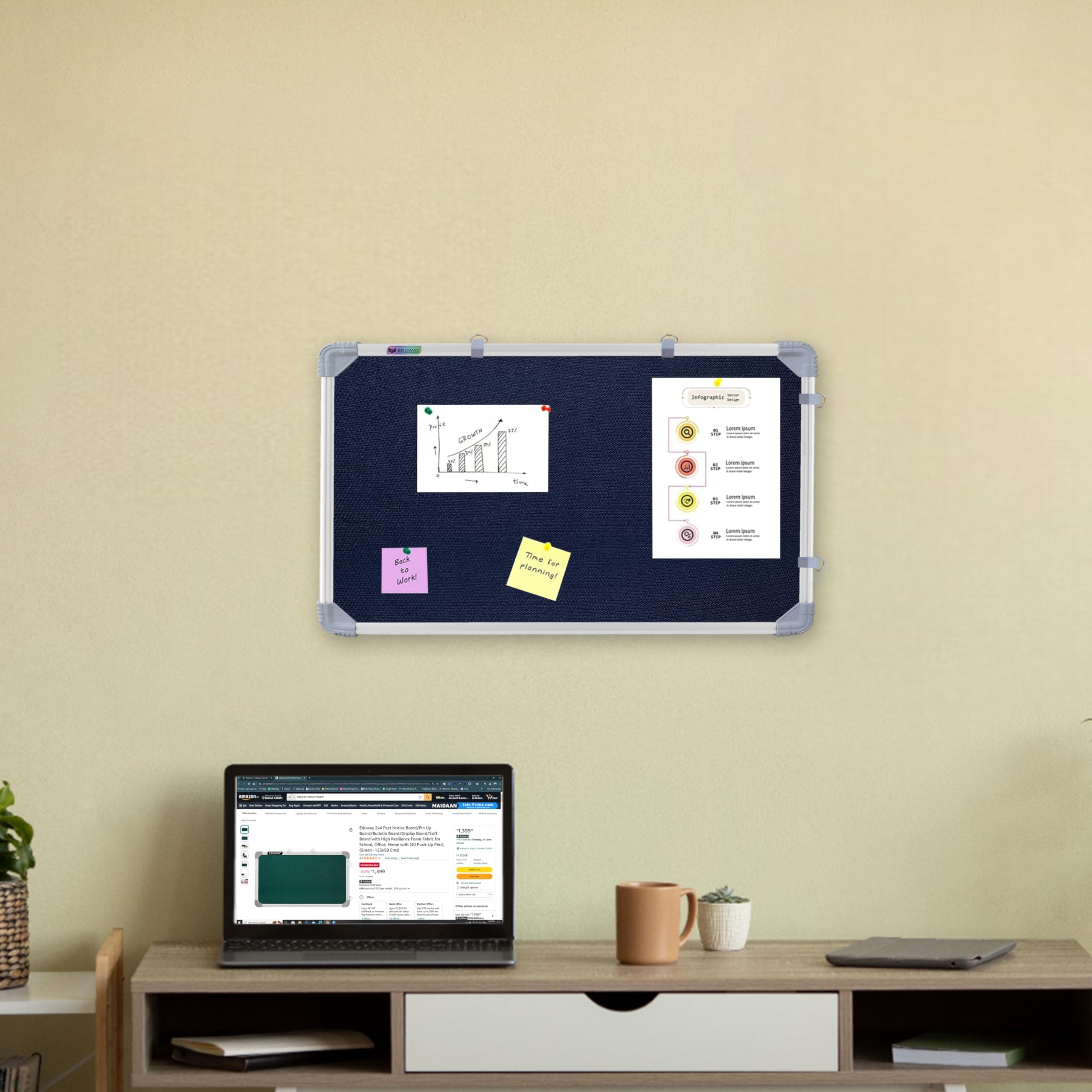 Eduway 1x2 Feet Notice Board/Pin Up Board/Bulletin Board/Display Board/Soft Board with High Resilience Foam Fabric for School, Office, Home with (20 Push-Up Pins)` (Blue- 29x59 Cms)